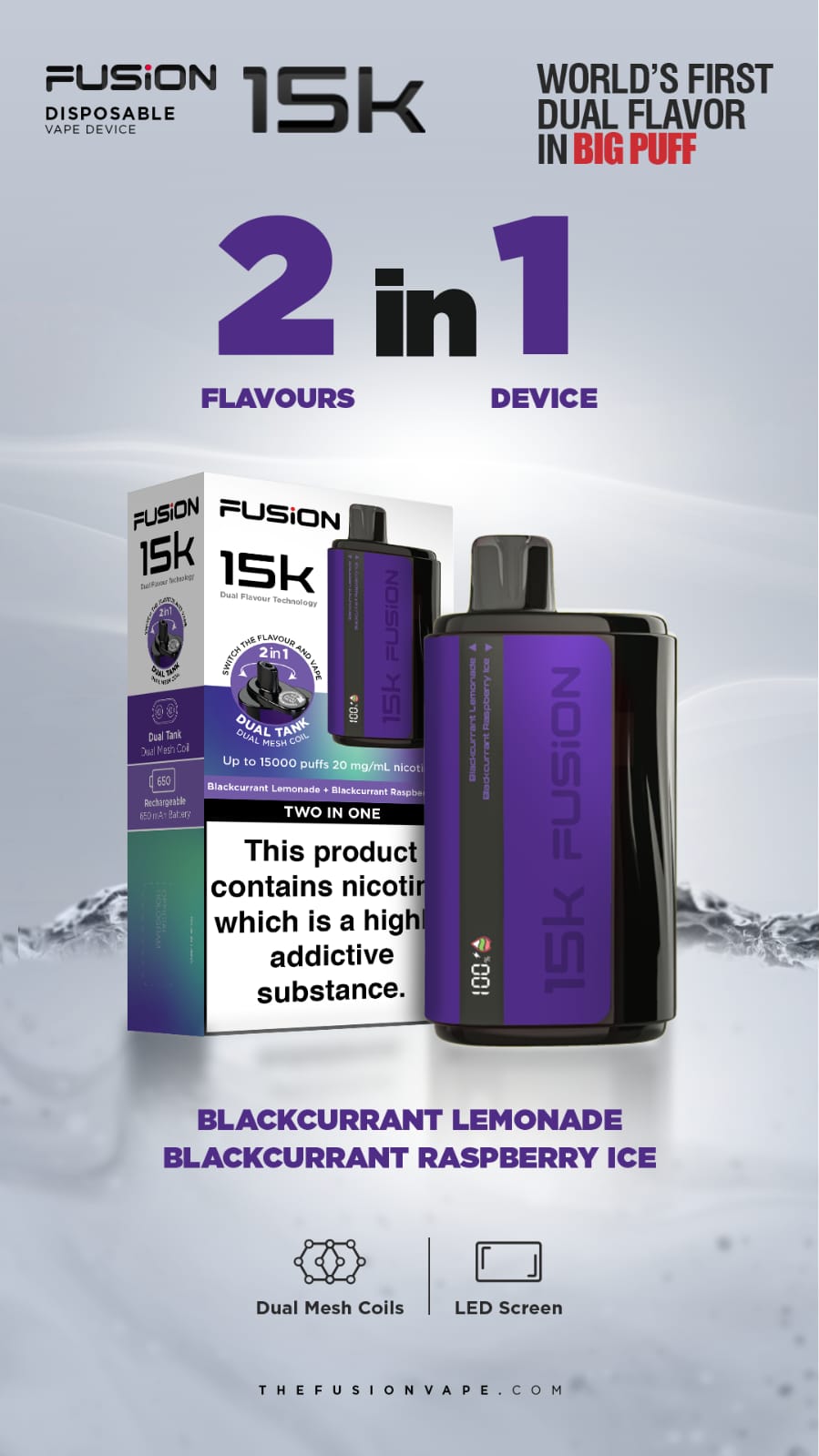 2 in 1 Fusion 15k Puffs Dual Tank Box of 10 Disposable Vape Pod Kit